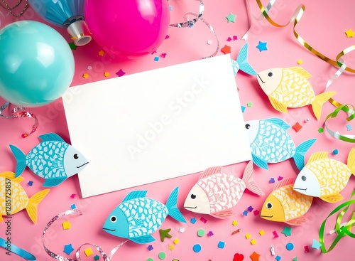 an image of a birthday card surrounded by balloons and streamers, there is a blank card surrounded by balloons and streamers photo