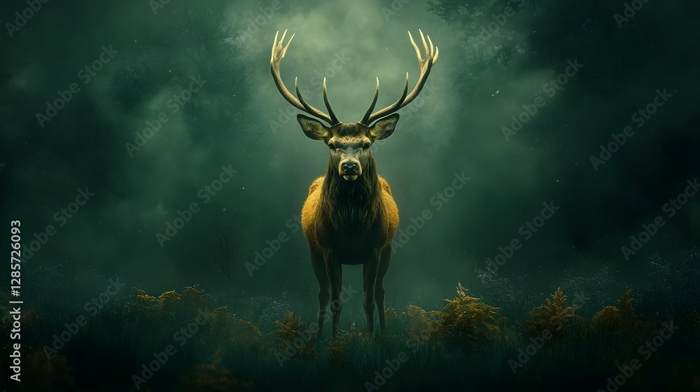Fototapeta premium Graceful deer standing calmly in a misty forest clearing illuminated by the soft warm glow of morning light filtering through the trees Peaceful and serene natural landscape with copy space