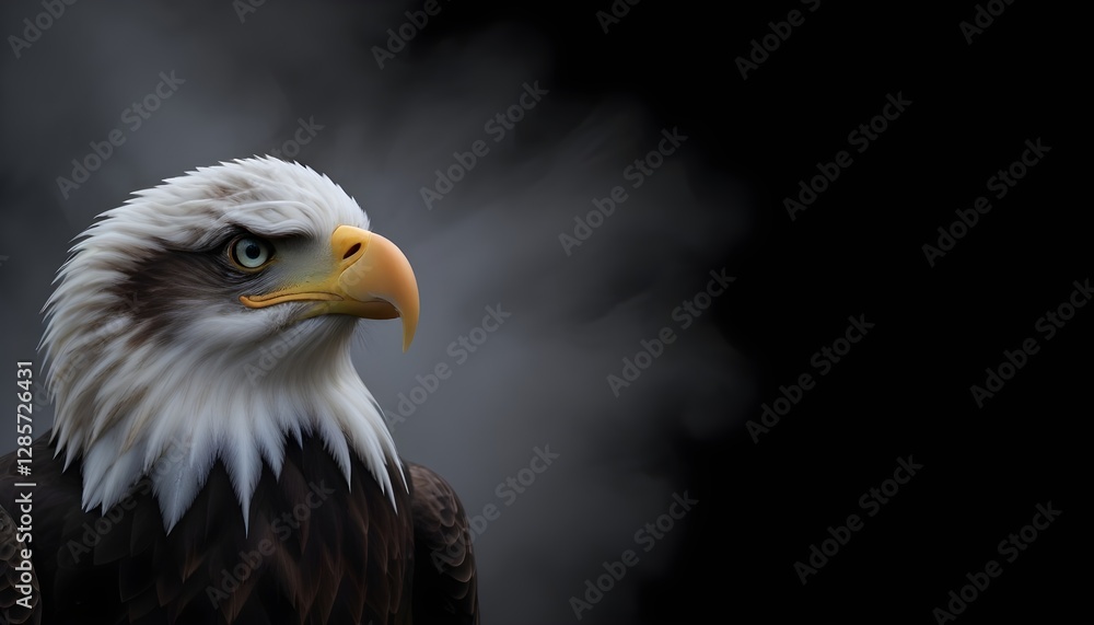 Fototapeta premium A bald eagle with piercing eyes surrounded by mist against a dark background