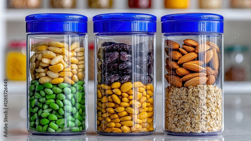 A trio of containers filled with a colorful variety of crunchy nuts, offering a healthy snack option for any occasion A trio of containers filled with a colorful variety of crunchy nuts, offering a healthy snack option for any occasion