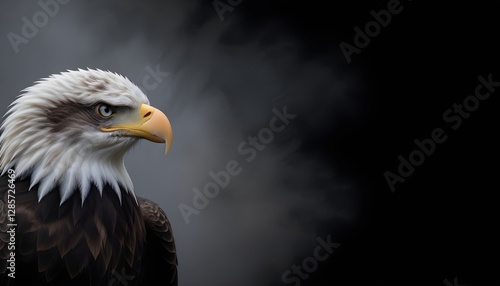 A bald eagle with piercing eyes surrounded by mist against a dark background