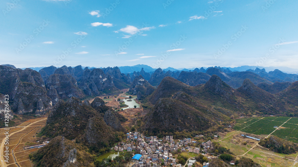 Rural scenery and karst landforms in Hezhou, Guangxi, China