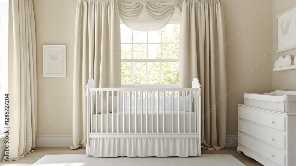 Elegant Neutral Baby Nursery Interior With White Crib and Light Sheer Curtains Near Window : Generative AI Elegant Neutral Baby Nursery Interior With White Crib and Light Sheer Curtains Near Window : Generative AI