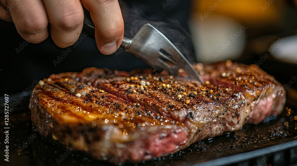 Juicy grilled steak cut with a fork for dinner Juicy grilled steak cut with a fork for dinner
