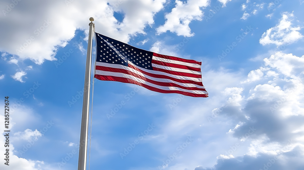 American Flag Flying Proudly Against a Clear Blue Sky with White Clouds : Generative AI American Flag Flying Proudly Against a Clear Blue Sky with White Clouds : Generative AI