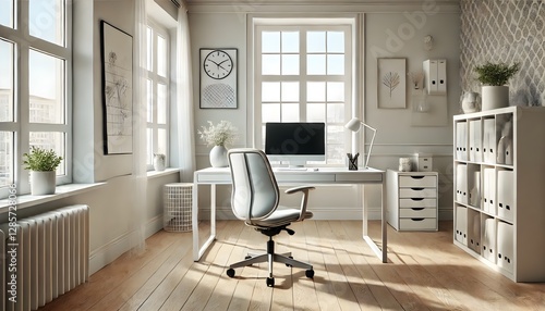 A modern Scandinavian home office featuring a minimalist wooden desk, an ergonomic chair, and natural light streaming through large windows. The space is decorated with green plants, stylish shelves, 