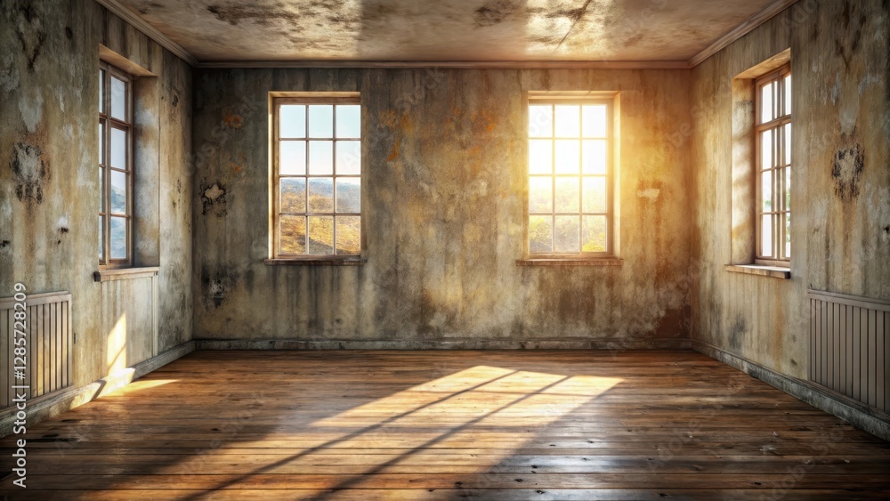 A sunlit empty room with aged walls and hardwood floors, showing signs of decay and time, suggesting a sense of history and forgotten stories A sunlit empty room with aged walls and hardwood floors, showing signs of decay and time, suggesting a sense of history and forgotten stories