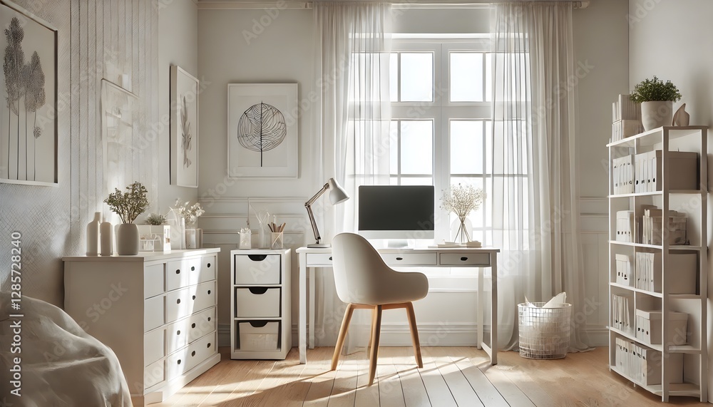 Fototapeta premium A modern Scandinavian home office featuring a minimalist wooden desk, an ergonomic chair, and natural light streaming through large windows. The space is decorated with green plants, stylish shelves, 