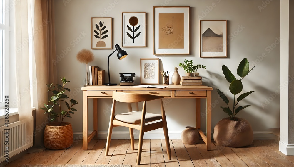 A modern Scandinavian home office featuring a minimalist wooden desk, an ergonomic chair, and natural light streaming through large windows. The space is decorated with green plants, stylish shelves, A modern Scandinavian home office featuring a minimalist wooden desk, an ergonomic chair, and natural light streaming through large windows. The space is decorated with green plants, stylish shelves,