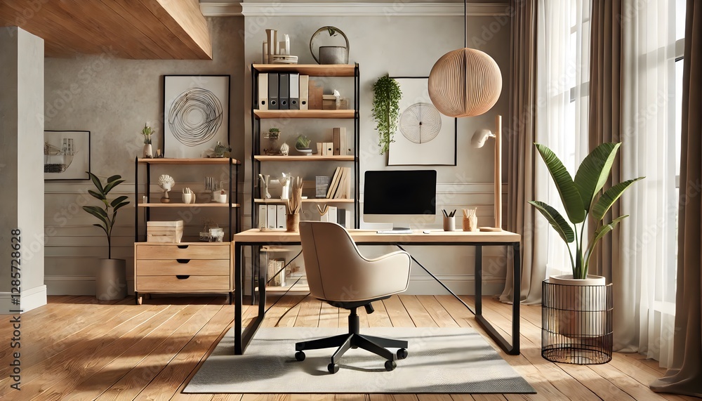 Obraz premium A modern Scandinavian home office featuring a minimalist wooden desk, an ergonomic chair, and natural light streaming through large windows. The space is decorated with green plants, stylish shelves, 