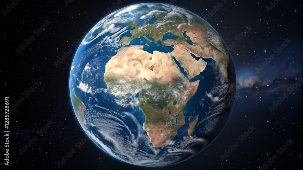 Naklejka premium The image shows a view of planet Earth from space, prominently featuring the African continent with Europe to the north. The surrounding space is dark, with a hint of the Milky Way galaxy