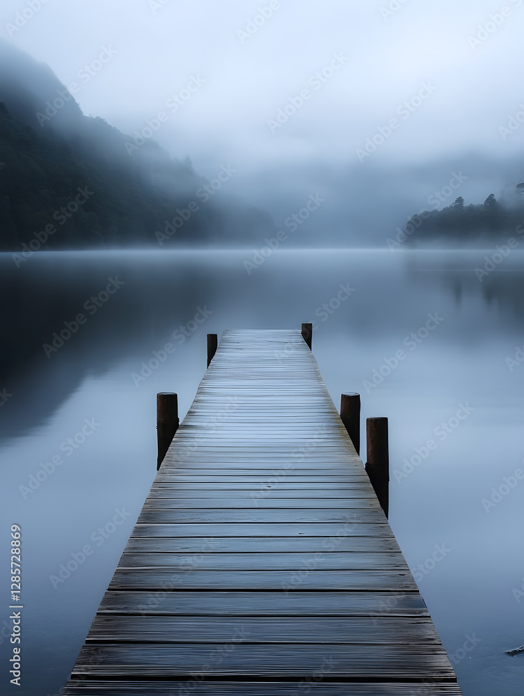 Obraz premium Serene Lakeside Pier Enveloped in Mist Creating a Tranquil Ambience : Generative AI