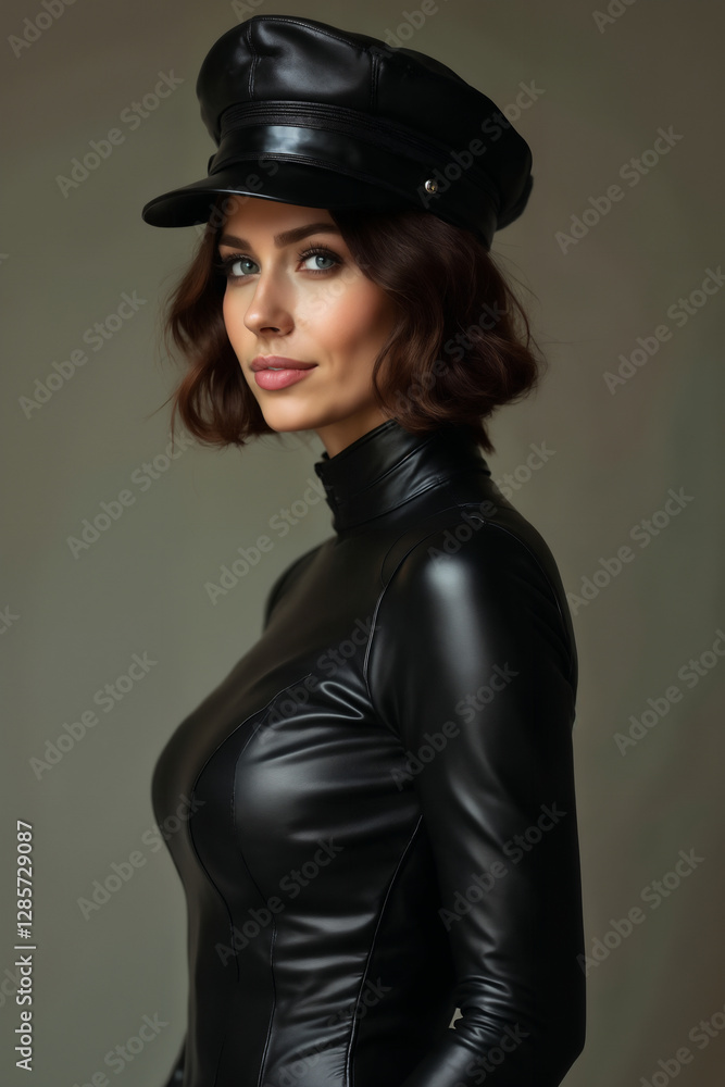portrait of a young beautiful girl in a black leather tight jacket and a leather cap, against a wall portrait of a young beautiful girl in a black leather tight jacket and a leather cap, against a wall