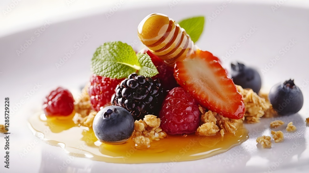Fresh Fruit Dessert with Granola and Drizzled Honey Fresh Fruit Dessert with Granola and Drizzled Honey