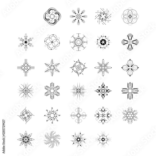 Set Black Colleciton Line Snowflake Doodle Winter Decoration Elements Vector Design Style