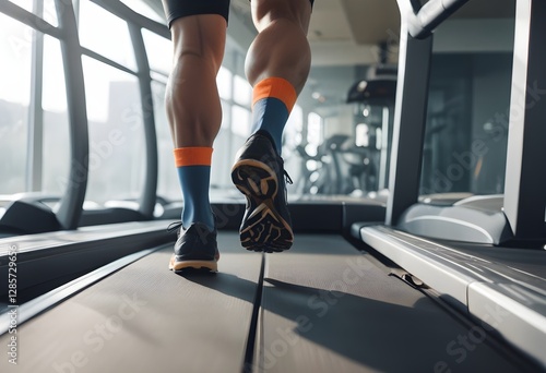 A person's legs and feet wearing athletic shoes and compression socks while running on a treadmill in a gym