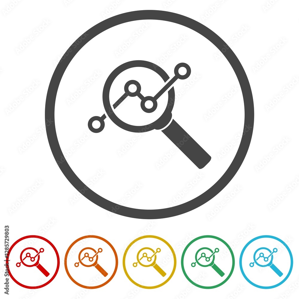 Magnifying glass marketing targeting icon. Set icons in color circle buttons Magnifying glass marketing targeting icon. Set icons in color circle buttons