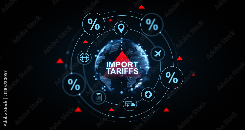 Fototapeta premium Import tariffs digital concept with global trade symbols. 3D Rendering