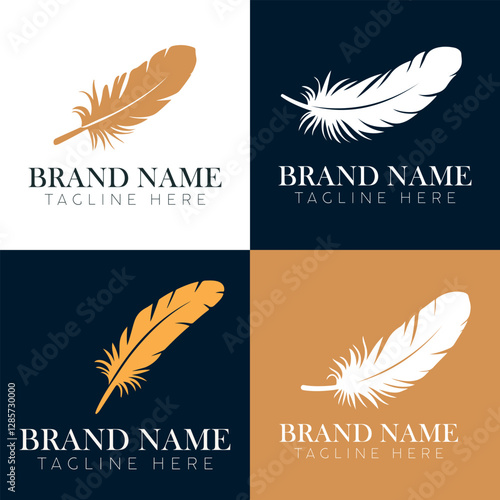 Feather logo brand design, stylish quill icon, creative writing emblem, elegant pen vector, modern brand identity, black and gold quill illustration, vintage literary symbol