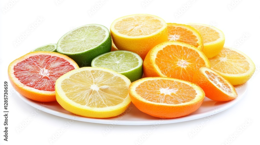 Fototapeta premium A still life of mixed citrus slices including oranges, lemons, and limes, arranged in a radial pattern, isolated on white