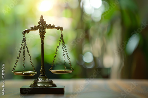 Vintage brass scales symbolizing justice on a wooden table with a blurred green background