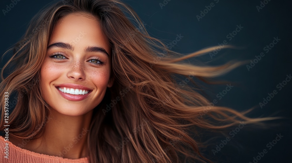 Fototapeta premium Woman with long brown hair and a smile on her face. She is wearing a red shirt