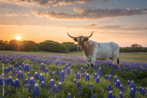 Longhorn Cow Amidst a Field of Texas Bluebonnets at Sunset