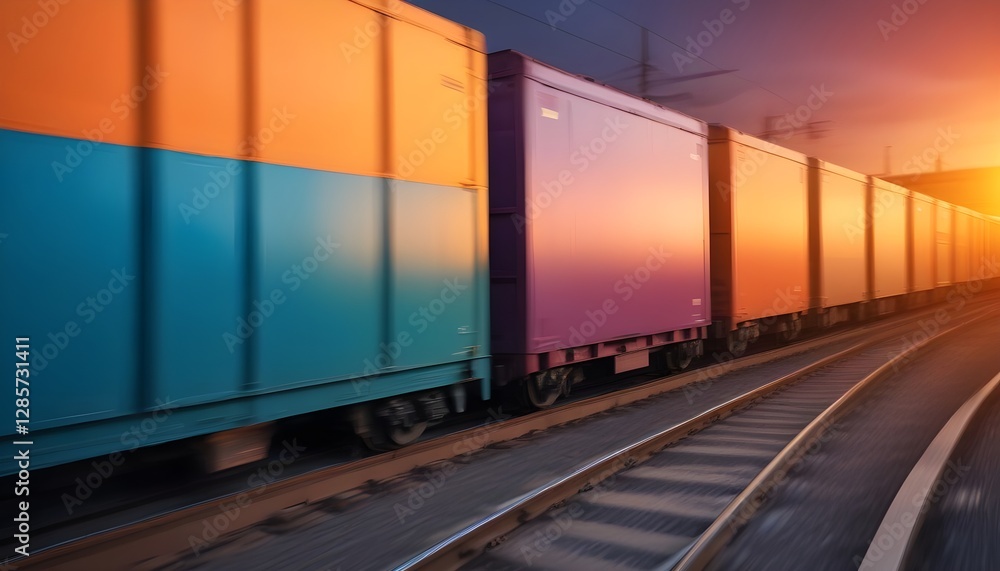 Fototapeta premium Stacked cargo boxes on a moving train, with blurred motion creating a dynamic and vibrant scene