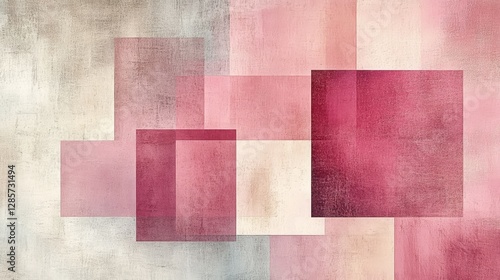 Pink and red squares make up a layered abstract painting design