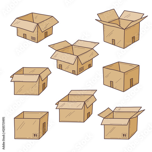 Cardboard boxes in various open and closed states convey storage and shipping concepts. Doodle style