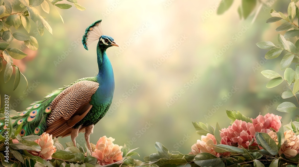 Majestic peacock with iridescent feathers standing in a lush forest clearing basking in the warm golden sunlight  Abundant copy space included for text overlay