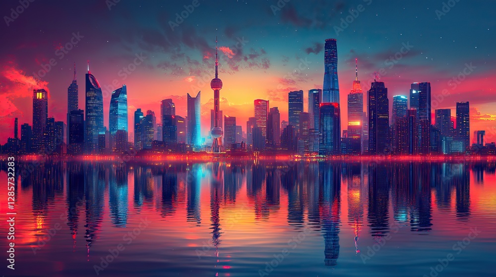 Obraz premium This stunning world city skyline illustration, complete with shimmering reflections, showcases iconic landmarks from around the globe