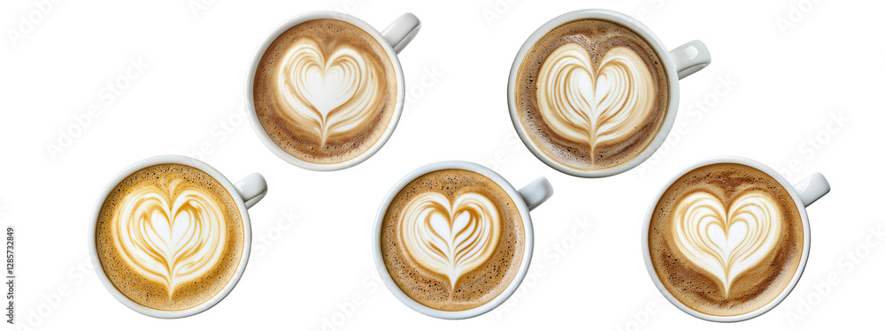 Collection of Five Beautifully Crafted Cups of Coffee with Heart-Shaped Latte Art on a White Background Collection of Five Beautifully Crafted Cups of Coffee with Heart-Shaped Latte Art on a White Background