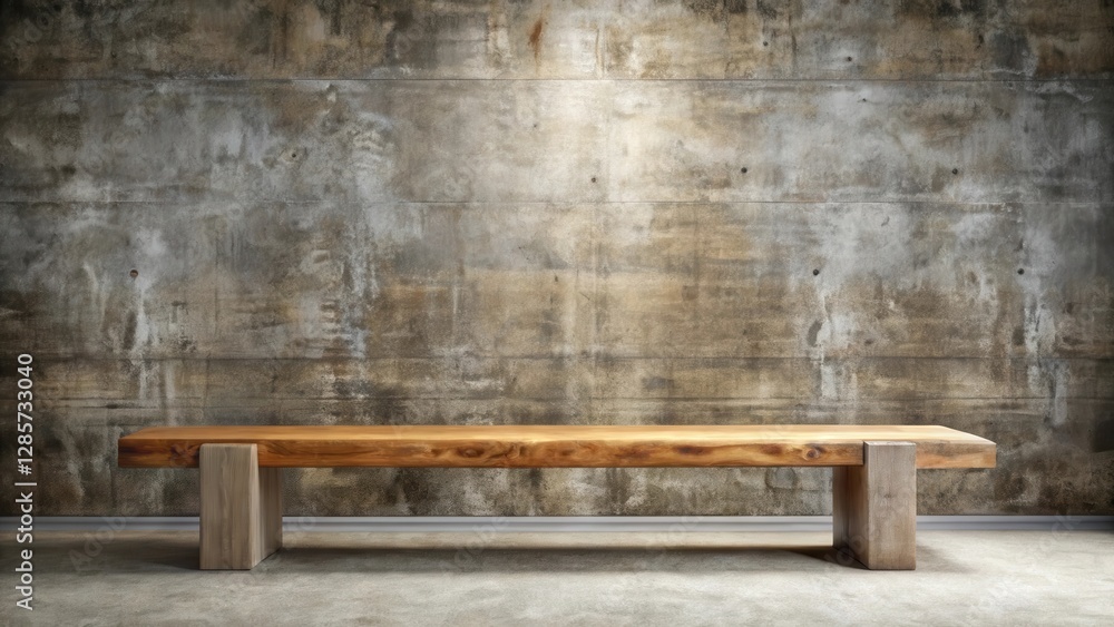 Rustic wooden bench against a textured concrete wall, perfect for displaying products or showcasing minimalist interior design concepts. Rustic wooden bench against a textured concrete wall, perfect for displaying products or showcasing minimalist interior design concepts.