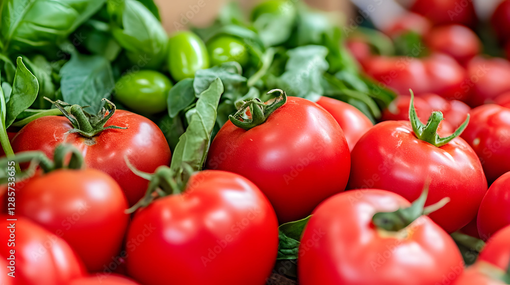 Fresh Ripe Red Tomatoes with Vibrant Basil Leaves in a Market Setting : Generative AI Fresh Ripe Red Tomatoes with Vibrant Basil Leaves in a Market Setting : Generative AI