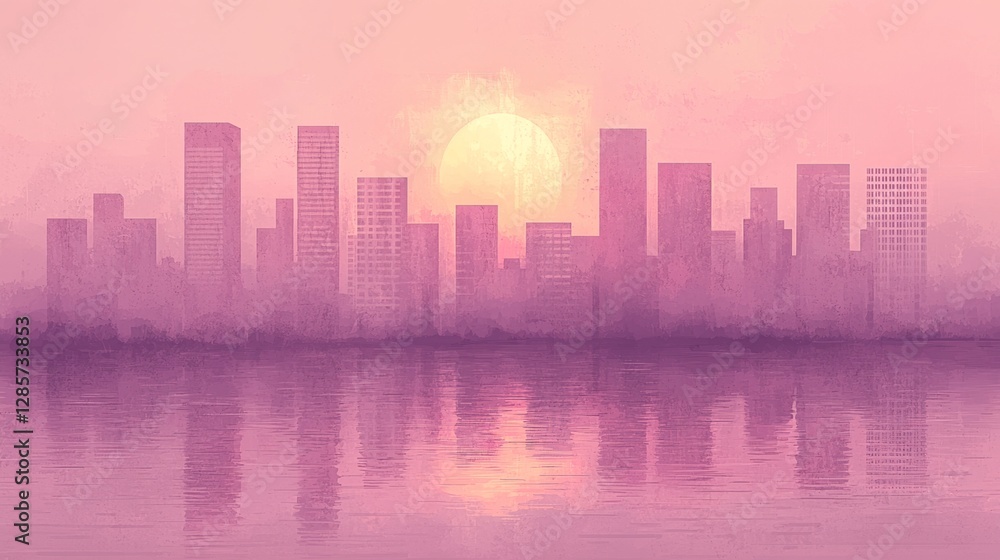 Fototapeta premium A city skyline is reflected in the water at sunset