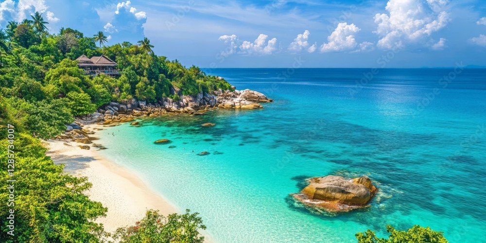 Fototapeta premium A tropical island with white sandy beaches, turquoise waters, and vibrant coral reefs teeming with marine life,