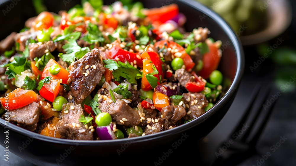 Vibrant Beef and Vegetable Stir-Fry with Sesame Seeds Served in a Black Bowl for Asian Cuisine Lovers : Generative AI Vibrant Beef and Vegetable Stir-Fry with Sesame Seeds Served in a Black Bowl for Asian Cuisine Lovers : Generative AI