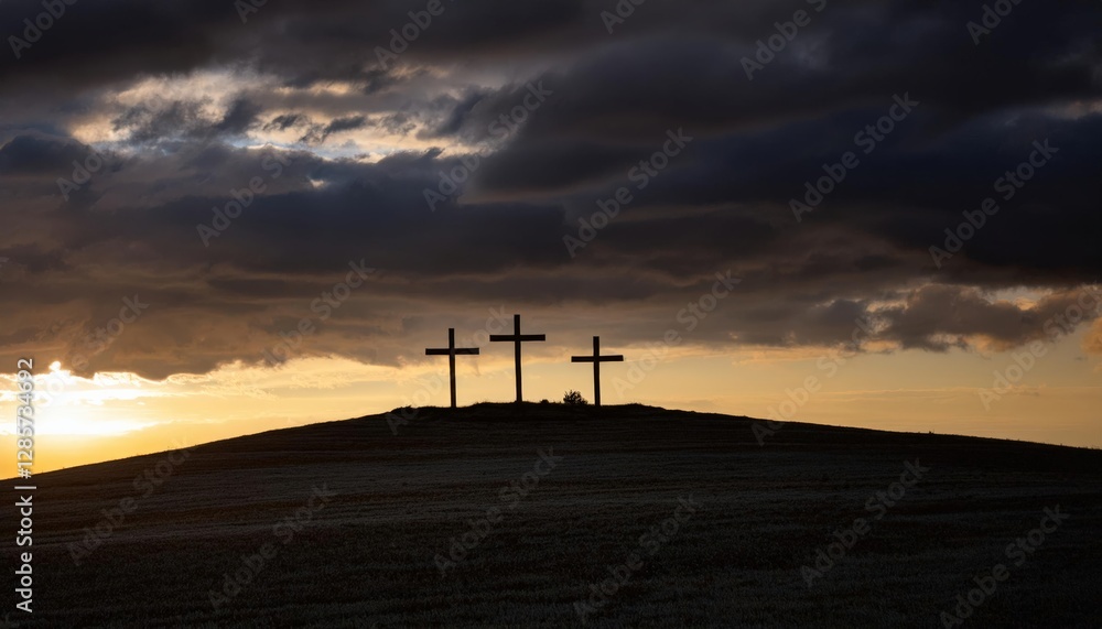 Obraz premium A dark and stormy sky looms over three crosses on a distant hill, silhouetted against the last rays of light. Heavy clouds swirl, creating a dramatic and solemn atmosphere.