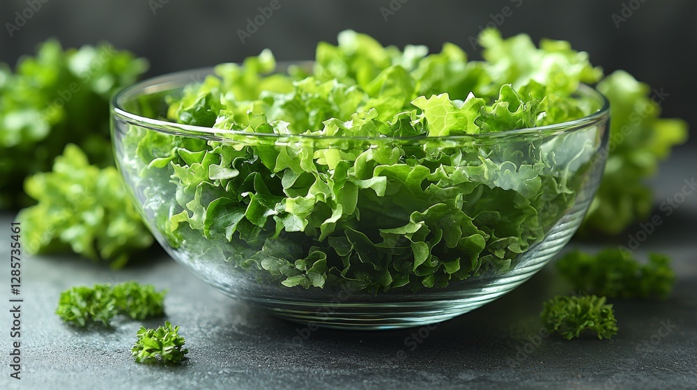 A glass bowl filled with green leafy vegetables on a table A glass bowl filled with green leafy vegetables on a table
