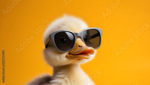 A fluffy duckling wearing large sunglasses against a bright background