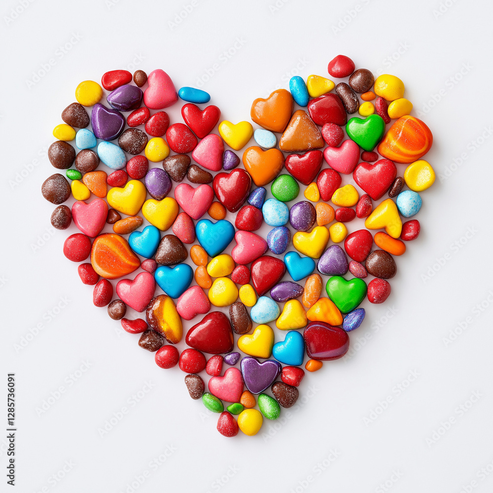 AI-Generated Heart-Shaped Candy Composition – Colorful Sweet Treats on White Background AI-Generated Heart-Shaped Candy Composition – Colorful Sweet Treats on White Background