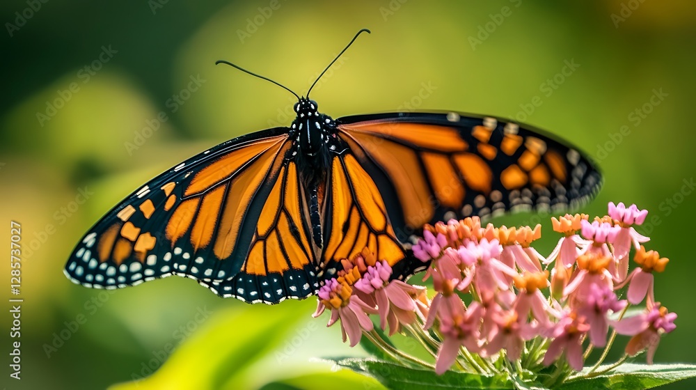 Obraz premium Monarch Butterfly Resting on Pink Flowers in a Green Garden Setting