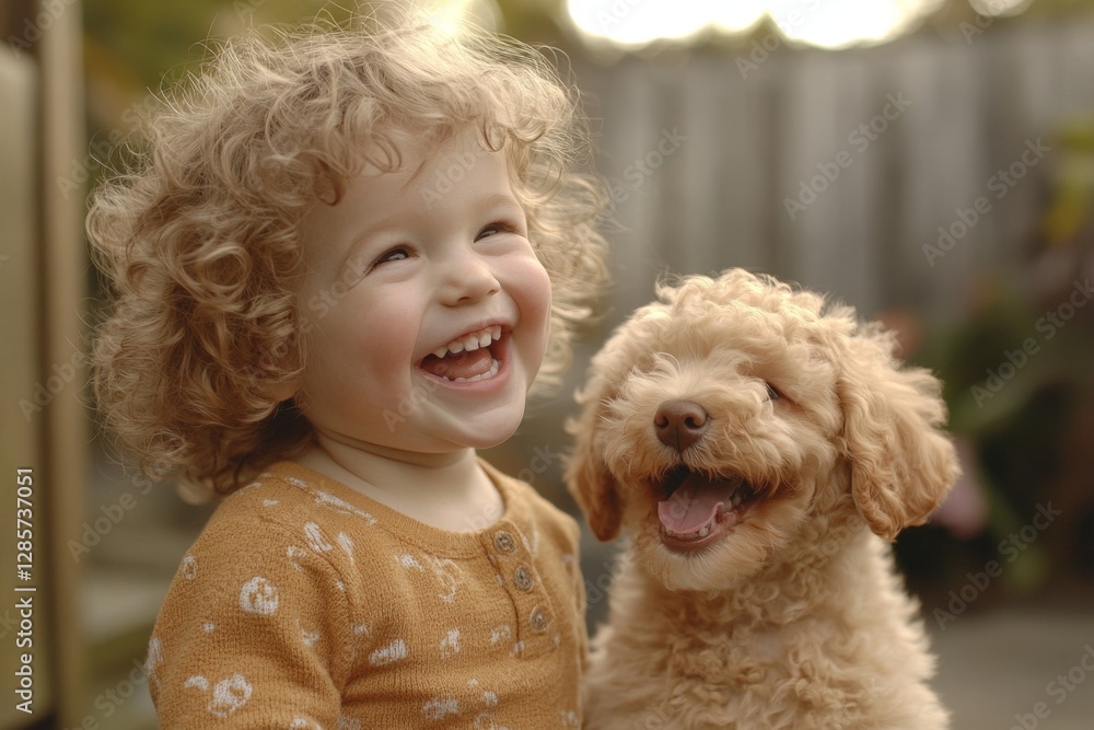 Child and dog share a joyful moment outdoors during sunset Child and dog share a joyful moment outdoors during sunset