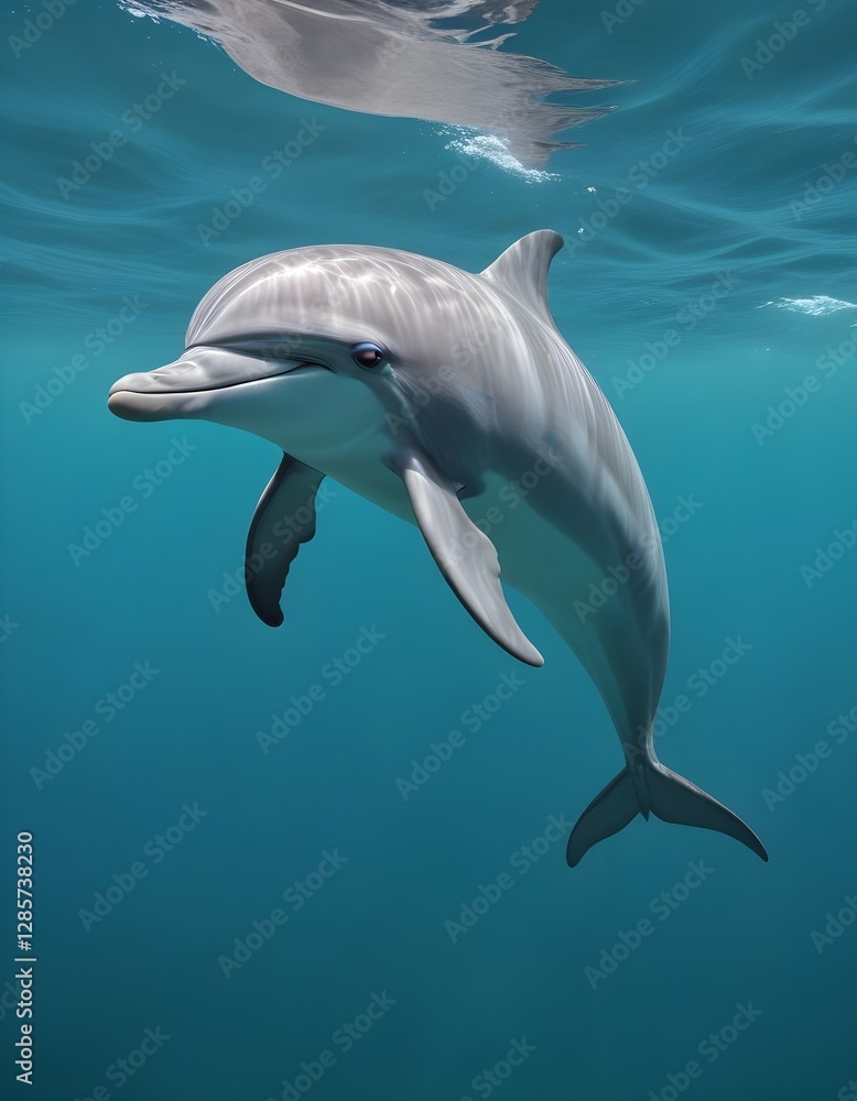 Obraz premium A gray dolphin swimming underwater in a blue-green ocean environment