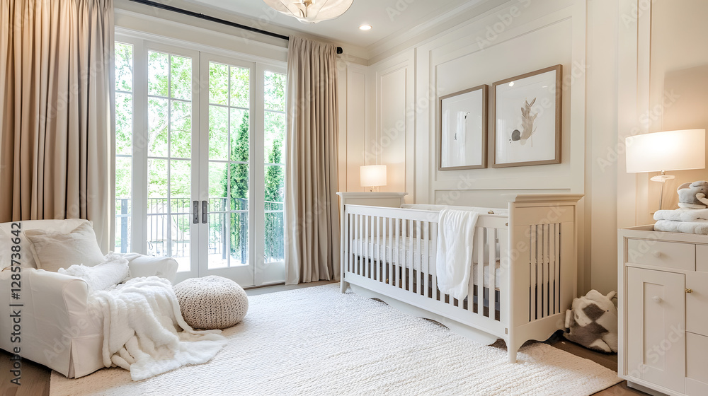 Elegant Nursery Room with Soft Light and White Furniture for Newborns : Generative AI Elegant Nursery Room with Soft Light and White Furniture for Newborns : Generative AI