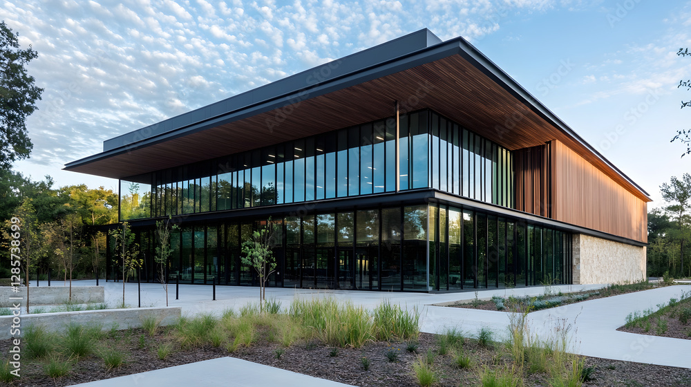 Modern Glass Building in Natural Setting with Blue Sky and Trees : Generative AI Modern Glass Building in Natural Setting with Blue Sky and Trees : Generative AI