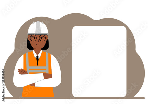 A female builder in a hardhat and an orange vest stands near a large white sheet. Vector flat illustration.