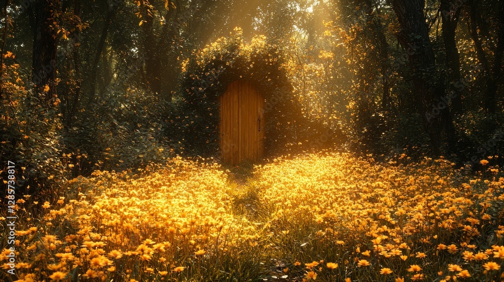 A wooden door in the middle of a field of yellow flowers