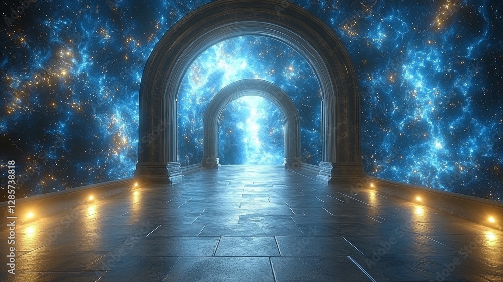 Fototapeta premium A room with an archway in the middle of a space filled with stars